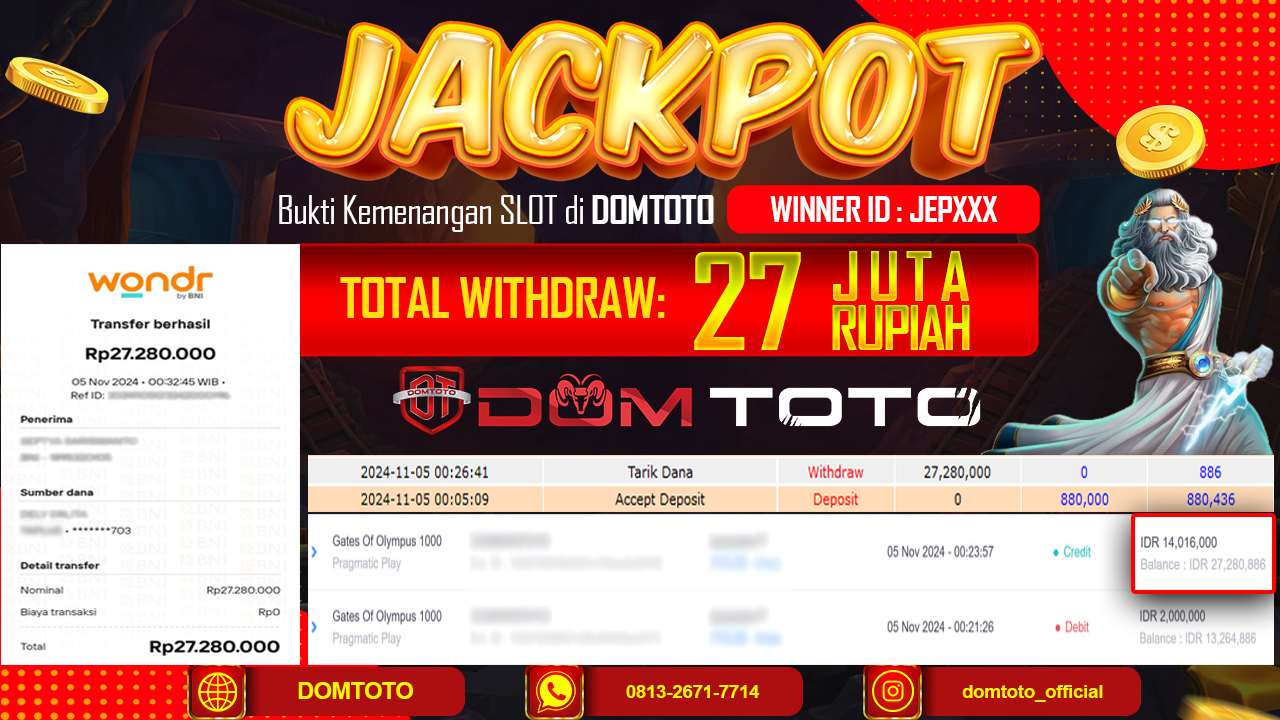 JACKPOT SLOT GATE OF OLYMPUS 1000  05 NOVEMBER 2024